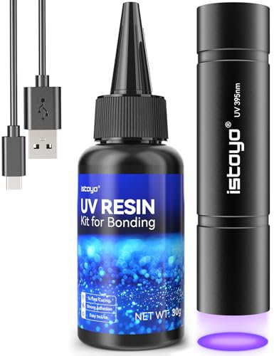 ISTOYO UV Resin Set mit UV Lampe, 30g UV Harz mit 395nm Taschenlampe, 3W USB C Wiederaufladbar, Schnellhärtung in 5 Sekunden für Verklebung, Schmuck, Kunststoff- oder Glasreparatur, Fleckenerkennung