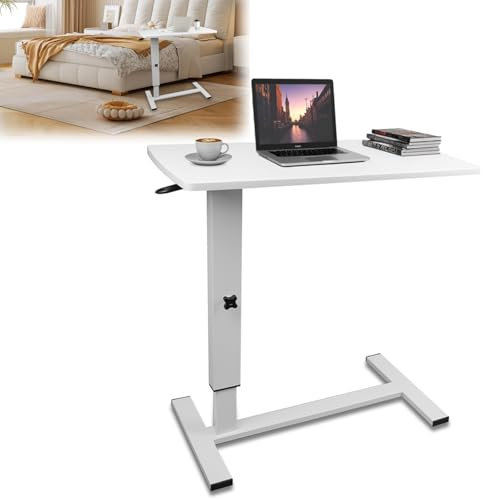 WUDLEP Computertisch Höhenverstellbar mit Rollen, Mobiler Betttisch mit Luftdruckstange Pflegetisch Krankentisch, 70-95cm Gestell aus Metall, Sofatisch für Wohnzimmer Schlafzimmer