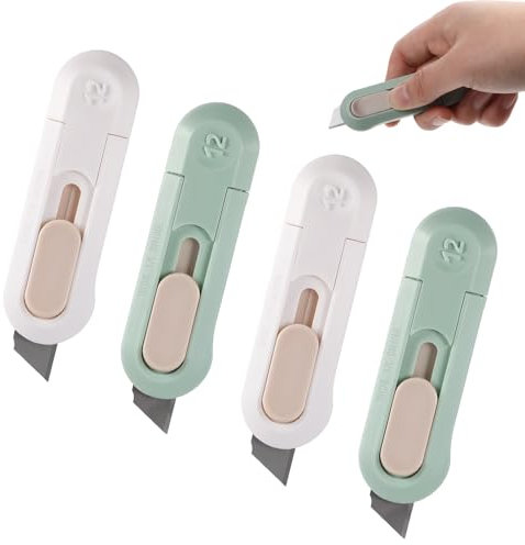 JJUNW 4 Stück Mini Box Cutter, Mini Gebrauchsmesser Tragbares Klein Utility Messer Einziehbarer Brieföffner Universalmesser Schreibwaren Messer für Umschlag Verpackung Papierschnitt