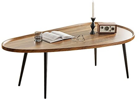 Table basse ovale - Table basse moderne - Table basse pour salon, bureau, balcon - Panneau rigide et pieds en métal - Table centrale - Table basse minimaliste - 100 cm - Beige