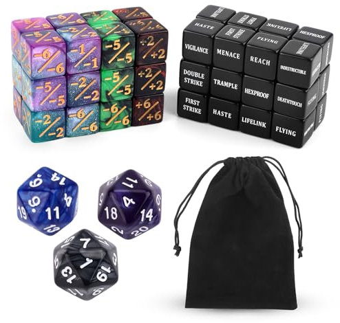 BOXOB 51pz Dadi Contatori Abilità, Potenziare Statistiche Creature MTG Segnalini Dadi Fedeltà D20 Contatori Vita Magici Regali per TCG Accessori Giochi Carte con Sacchetto Velluto (4 Colori)