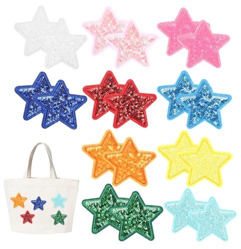 20Pcs Star Iron on Patches, Shiny Colorful Iron on Star Patches Embroidery, Cute Sequin Stars Patch for Clothes Hats Bags DIY Costume