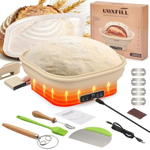Upgrade Heizung gärkörbchen Brot Proofing Korb Set,elektrischer faltbare thermostatischer Silikon Banneton Brot Proofing Korb, Sauerteig Brot Backzubehör,23cm quadratische Sauerteig Proofing Schüssel
