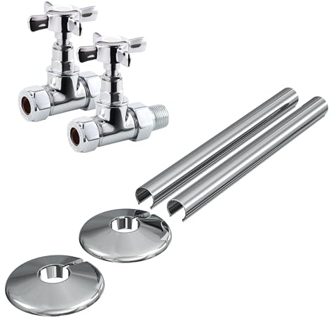 Manual Radiator Valve Crosshead Straight - 15mm x R 1/2 - Polished Chrome with Matching Clip-on Pipe Covers and Collars
