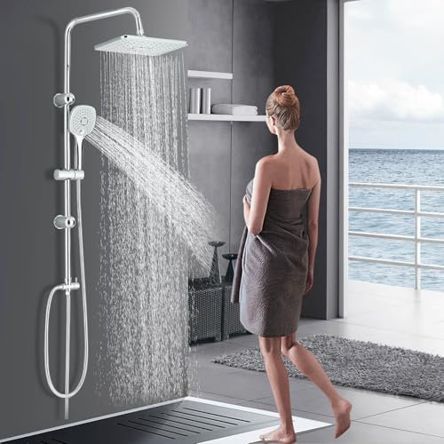 Cesinkin Colonne de Douche sans Mitigeur Chromé Acier Inoxydable Réglable en Hauteur Ensemble de Douche avec Carrée Douchette und Pommeau de Douche 30x20cm