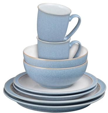 Denby - Elements 8-teiliges Tafelservice für 2 Personen – Blaue Glasur, spülmaschinenfest, mikrowellengeeignet, ofenfeste Teller und Schüssel-Set – 4 x Mittagsteller, Speiseteller, Müslischalen und