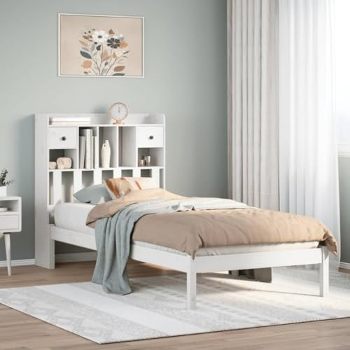 QJBSAVVA Massivholz-Kinderbett 90x190 cm weiß Kiefer mit Regal-Kopfteil Lattenrost und Stauraum für Bücher Jugendzimmer Einzelbett platzsparendes Gästebett