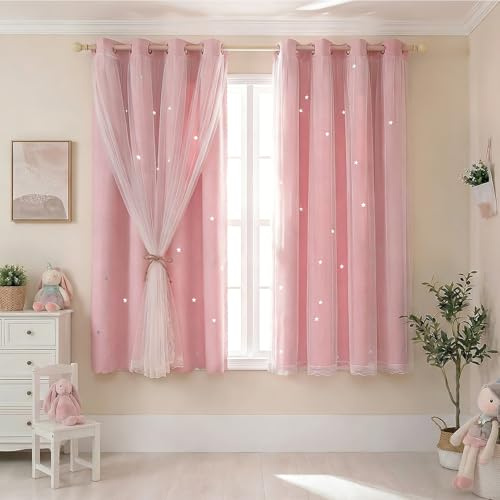 NAKIHOUSE Kids Blackout Curtains Pink for Nursery Girls Bedroom, 2 Panels | Thermal Insulated Room Darkening Washable Eyelet Curtain Window Drapes with Sheer Tulle Layer, 52 x 54 Inch