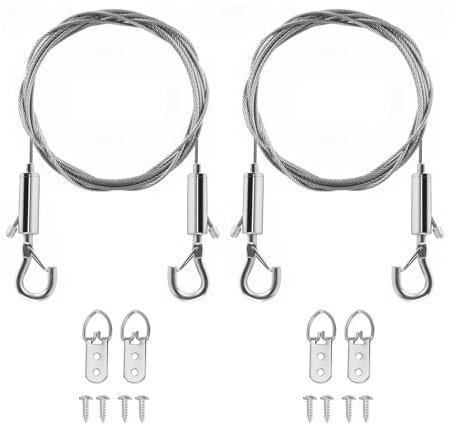 Justerbar upphängningskabel, 1,5 mm tjock, 2 m lång, vajer i rostfritt stål med öljetter för att hänga bilder, ramar och lampor (förpackning med 2)