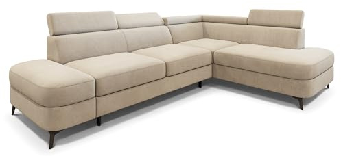 Masseno Ecksofa AVISE MV R-S mit Schlaffunktion L-Form, Klassisch Sofa mit Bettkasten, Wohnzimmersofa, Couch, Soffa, Bettsofa, Couchgarnitur - Creme, MATT Velvet 06
