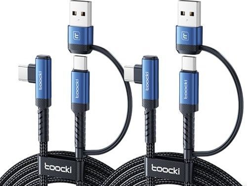 toocki 2 en 1 Cable USB-C/USB-A 2M 2-Pack 60W, Ángulo Recto para iPhone | 3A Nylon Trenzado, Carga Rápida 60W, Compatible MacBook/iPad/Galaxy S25, Diseño Angulado, Cable Resistente, Azul