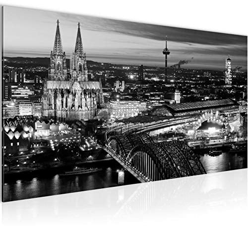 Runa Art Wandbild Köln 1 Teilig 100 x 40 cm Modern Bild auf Vlies Leinwand Skyline Wohnzimmer Schlafzimmer Schwarz Weiss 601512b