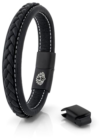 Akitsune Fides Lederarmband | Armschmuck Frauen Herren Edelstahl Männer Armband - Mattschwarz - Schwarz 21cm