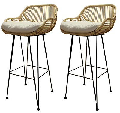 Meubletmoi Barhocker aus natürlichem Rattan, Untergestell aus Metall, Schwarz – exotischer Ethno-Stil Bohème Chic – Goa