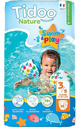 TIDOO Swim & Play - Couches de bain T3 (4-9kg) x12 - Anti-Fuites - Facile à enfiler - Ne gonfle pas dans l’eau - Fabriquée en France