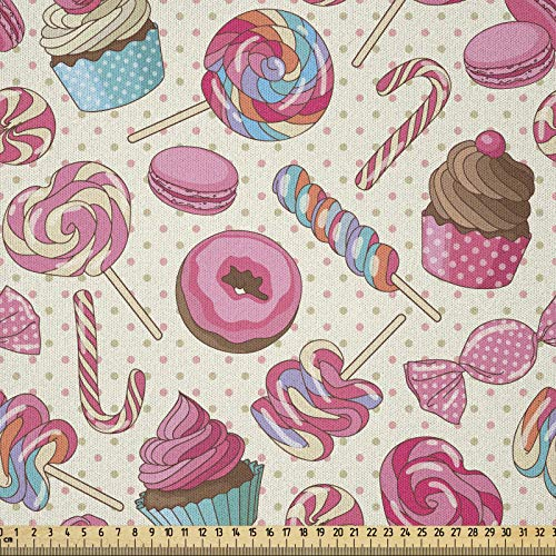 ABAKUHAUS Zuckerstange Stoff als Meterware, Lecker Essen auf Punkte, Microfaser Multi Zweck Dekostoff für Kunsthandwerke, 3M (230x300cm), Rosa und Gelb