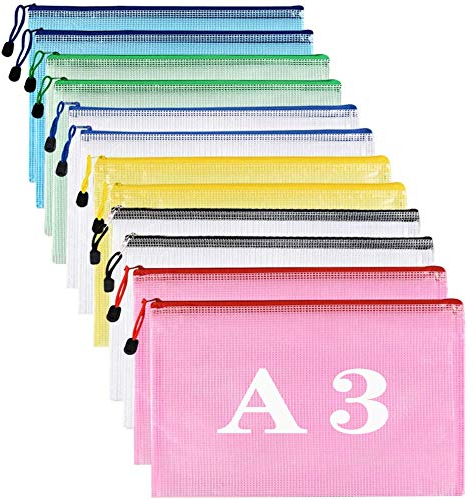 Kunststoffhüllen A3-Ordner aus Kunststoff, Dokumententaschen mit Reißverschluss, 12 Stück
