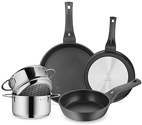 WMF - Juego de sartenes de aluminio fundido Permadur Premium de 28 cm + 24 cm + 20 cm + Mini Olla con interior de cocción alvapor de acero inoxidable Pulido, 16 cm, 1.5 l