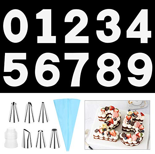 Selftek 9 Pièces Number Pochoirs à Gateaux, 35,5 cm Moules Number Cake 0 à 9, Grands Moules à Gâteau En Forme De Chiffres avec 6 Douilles à Glaçage, Embout et Poches à Douille