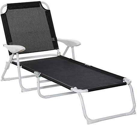 Outsunny Tumbona Reclinable y Plegable de Jardín con Respaldo Ajustable en 4 Posiciones Marco de Metal TextelineTranspirable 186x66x80 cm Negro