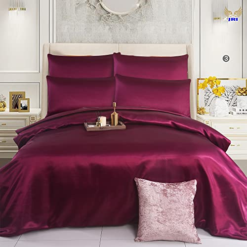 6PCS Satin Duvet Cover Bedding Set Plain Luxury Soft Bed Set Include (1xDuvet Cover, 1xFitted Sheet, 4xHousewife Pillow Case) (Super King, Burgundy)-(Same Day Dispatch)