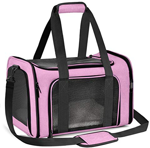 Qlfyuu Transporttasche für Katze Hund, Faltbare Tragbar Katzentransportbox Hundetransportbox für Mittel Kleine Haustiere Katzen Hunde, Katze Tragebox Tragetasche bis 25lbs(Rosa, Groß)