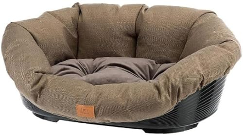 Ferplast Panier Chien et Chat avec Coussin en Coton Lavable, Lit pour Chien et Chat Rembourré, Corbeille en Plastique, Fond Perforé, Antidérapant, 64 x 48 x 25 cm, Marron Tweed