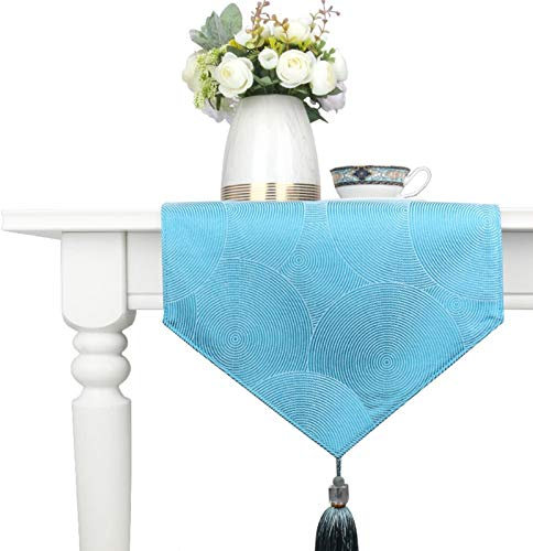 Homxi Tischläufer Elegant,35x200CM,Rundes und Quastenmuster Herbstdeko Tischläufer Baumwolle,Herbstdeko Tischläufer Blau