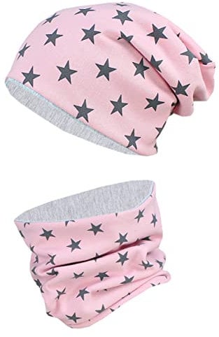 TupTam Unisex Kinder Beanie Mütze Schlauchschal Set, Farbe: Sterne Graphit/Altrosa, Größe: 50-52