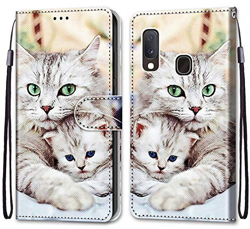 Mo-Somnus Kompatibel mit Samsung Galaxy A20E Hülle, Leder Handyhülle mit Kartenfach Geld Slot Ständer PU Ledertasche TPU Bumper Flip Brieftasche Magnetische Schutzhülle Case Etui (Katzen 2)