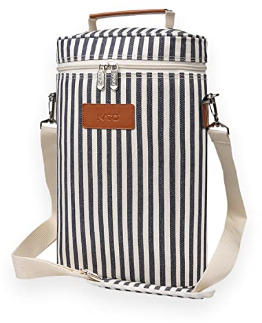 Kato Tirrinia Insulated Wine Cooler Bag with Adjustable Shoulder Strap, Doublt Bottle Padded Wine Tote Carrier for Picnic, Beach, Camping, Wine Lover Gift, Stripe, 2 Bottles