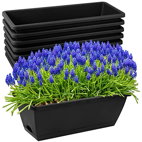 Lot de 8 jardinières rectangulaires en plastique avec trous de drainage et plateaux, pour rebord de fenêtre, terrasse, jardin, décoration d'intérieur, porche, cour (noir)