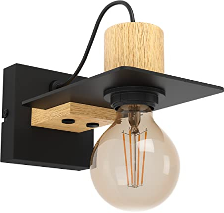 EGLO Wandleuchte innen Bramerton, originelle Wandlampe, Wandbeleuchtung aus Metall in Schwarz und Holz in Natur, FSCM70HB, Wand Lampe für Flur und Wohnzimmer, E27 Fassung