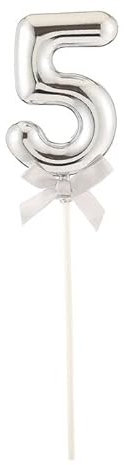 PARTY DISCOUNT NEU Kuchen/Cake-Topper Mini Ziffer am Stab, 9 cm, Zahl 5, Silber, Stab ca. 15cm