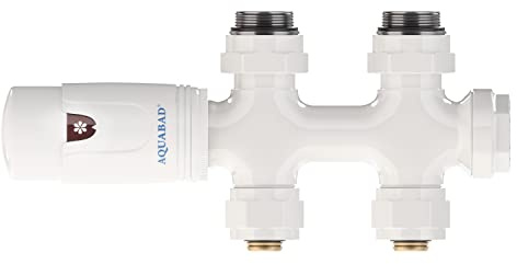 Aquabad® Heizkörper Multiblock mit Thermostat für 50mm Mittelanschluss, Weiß - Durchgangsform mit Standardverschraubungen 16mm PEX