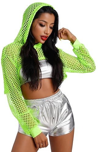 IBAKOM Women's Fishnet Hoodie Drawstring Long Sleeve Mesh Hooded Crop Top Rave Musical Festival Costume Outfits Hot Streetwear Clubwear Fluorescent Green