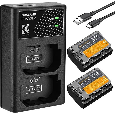K&F Concept NP-FZ100 Battery and Charger for Sony A7iv Battery Compatible With Sony A7III, A7C, FX3, FX30, A6600, A6700, A7RIV, A7Siii, ZV-E1, ZV-E10ii, Alpha 9 II, A9S, A1 Cameras, 2280mAh