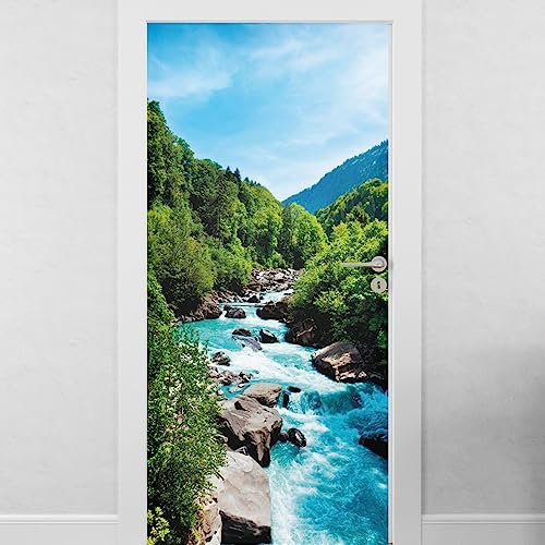 Sticker mural Porte Paysage Montagne Riviere - Sticker Porte En Trompe Oeil - Voyage - Autocollant mural décoration - Autocollant Porte - Poster de Porte - Stickers Muraux (83x205 cm)