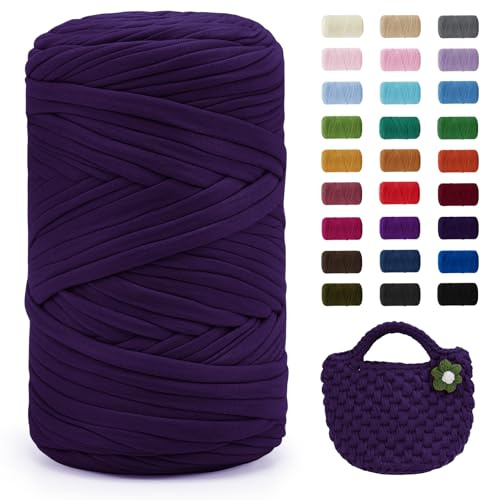 Uiopa Violet T-Shirt Yarn, 400g/120m Elastic Fabric Crochet Cloth T Shirt Yarn, Chunky Polyester Ribbon for Crocheting Bags/Baskets/Rugs, Home Decor, DIY Crafts
