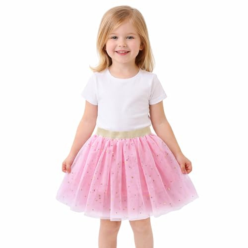 Jupes tutu pour filles – 3 couches à paillettes étoiles taille élastique jupe de danse ballet pour filles de 2 à 10 ans, rose, 9-10 ans