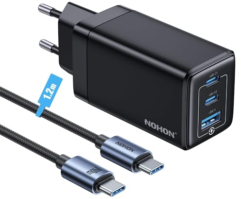 NOHON Chargeur USB-C Rapide Prise USB: 65W GaN 3 Ports Ultra Charger PD3.0 avec 140W USB C Rapide Cable 1.2M | Compatible avec MacBook Pro Air Airpods iPad iPhone 15 14 13 12 Min Pro Max Samsung S