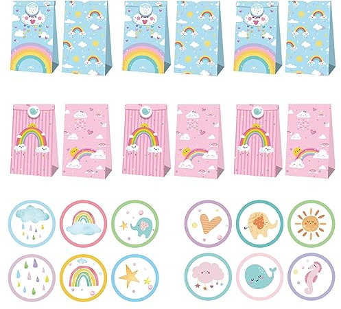 PapiertüTen Kinder, 12 StüCk GeschenktüTen mit Regenbogen mit 12 Cute aufkleber PartytüTen Kindergeburtstag PapiertüTe Zum Verpacken Von Geschenken Giveaways Kindergeburtstag Hochzeit Party