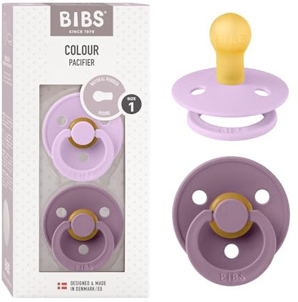 BIBS Colour Ciuccio confezione da 2 pezzi. Privo di BPA, Tettarella tonda. Lattice di gomma naturale, Prodotto in Danimarca, Taglia 1 (0-6 mesi), Violet Sky/Mauve