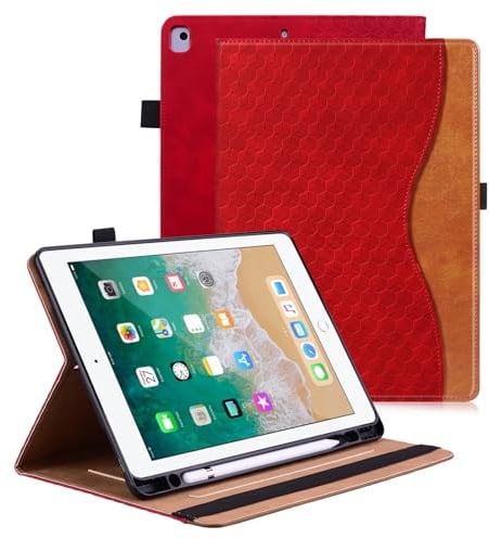 Vkooer Hülle für iPad 10.2-Zoll 9/8/7 Generation Schutzhülle mit Pencil Halter (iPad 2021/2020/2019) Ledertasche Cover Case mit Auto Schlaf/Aufwach Kartentasche für iPad Air 3/Pro 10,5 - Rot