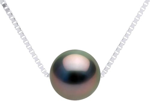 PEARLS & COLORS - Collier Véritable Perle de Culture de Tahiti Ronde - Qualité A + - Argent 925 - Bijou Femme
