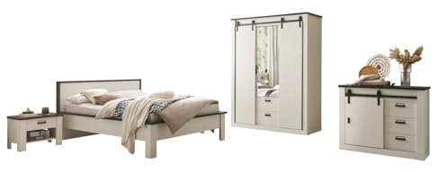 Schlafzimmer Set in Used Wood hell und grau/anthrazit mit Bett 140 x 200 cm, Kleiderschrank, 2X Nachttisch und Kommode Schlafzimmermöbel Kombination Industrial Design komplett 5-teilig Stove (Set 4)