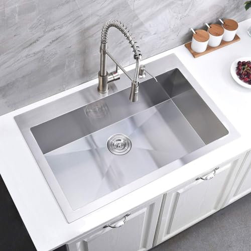 SHACO 30x18 Inch Drop In Kitchen Sink,30 Inch Brushed Nickel Top mount Single Bowl Commercial Sink,Stainless Steel 16 Gauge Handmade Kitchen Sink with Strainer Drain