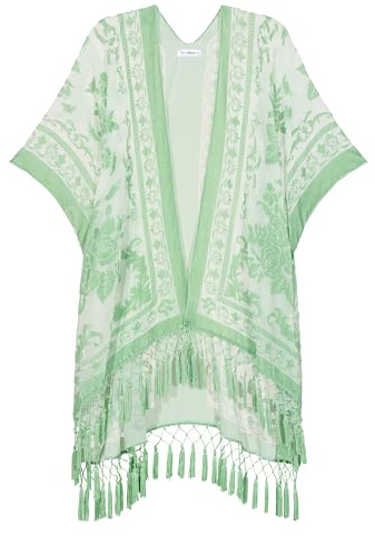 USHOWHEY Women's Day Gift,Velvet Kimono Cardigan for Women, Long Burnout Velvet Kimono,Free Size,Women's Day Shawl, Light Green, One size