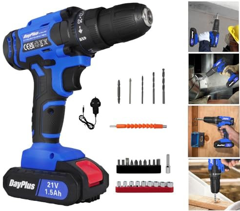 21V Cordless Drill Driver Set, Hammer Drill with 1 Battery & Charger, 45N.m Max Power, 3/8 Keyless Chuck, 25+1 Torque, LED Light, 26 Accessories, Blue