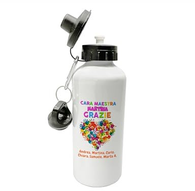 t-shirteria - Borraccia Personalizzata Maestra - Idea Regalo Fine Scuola - Tappo Ermetico Antigoccia e Stampa Anti-scolorimento - Alluminio, Lavabile in Lavastoviglie - 500ml (Cuore Mani)